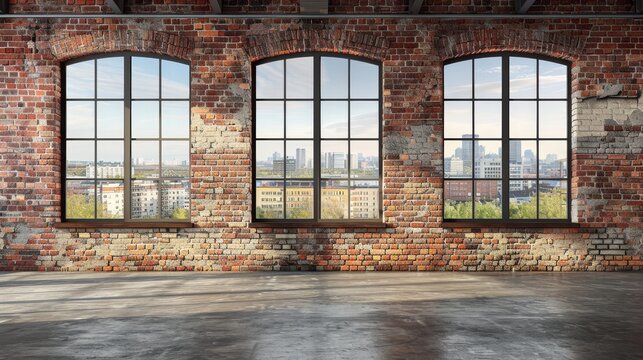 Spacious loft interior featuring red brick wall and expansive industrial windows with city view