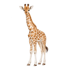 Naklejka premium A young giraffe stands tall with its distinctive patterned coat on white background.