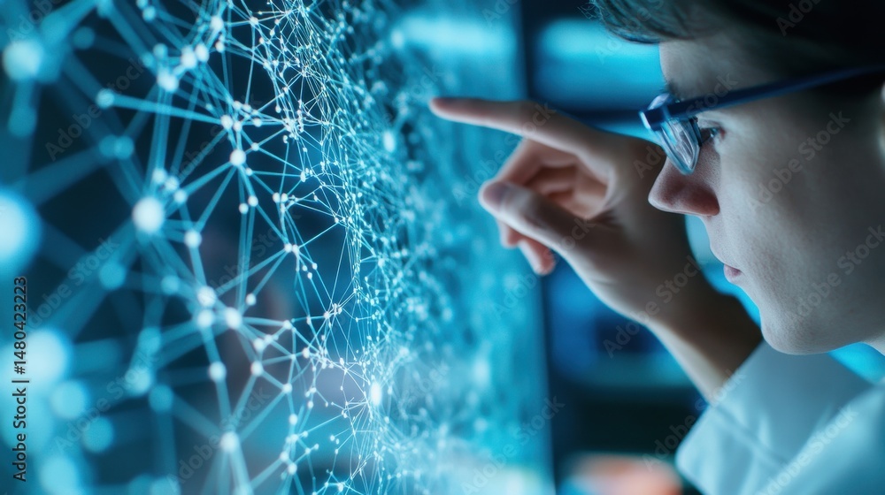 Poster person interacting with digital network visualization on screen