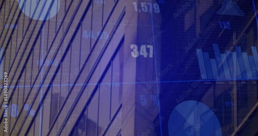 Poster bar chart graphic overlay displaying monthly data moving across grid background with diagonal beams