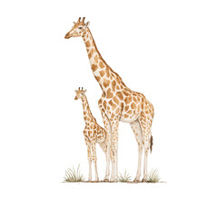 Naklejka premium A watercolor illustration of a giraffe with her young calf stands together.
