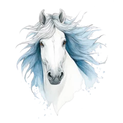 Papier peint photo  A watercolor painting showcases a white horse with flowing blue mane art.  © TimelessClicks