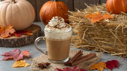 Fototapeta premium Warm Pumpkin Spice Latte with Whipped Cream Autumnal Drink Recipe