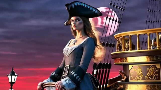 high quality, super realistic, pirate hat, a 20-year-old Pirate Maiden with a celestial beauty rivaling the stars, Picture her poised at the helm of a grand pirate ship.
