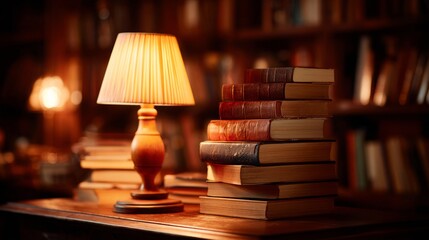 Obraz premium Stack of classic books on a wooden table, glowing lamp nearby. A cozy academic retreat for quiet reading. 
