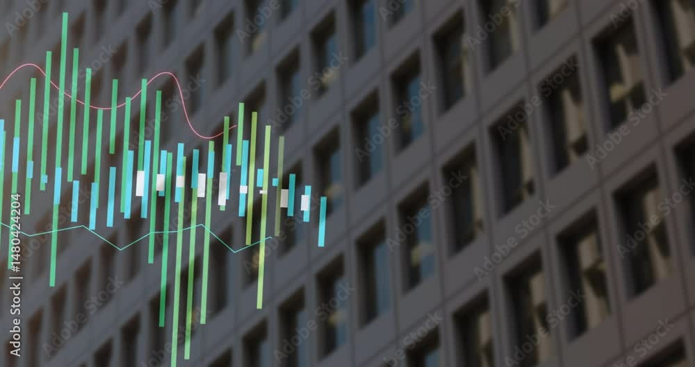 Aufkleber financial data visualization being animated on building facade, with colored bars and line graphs