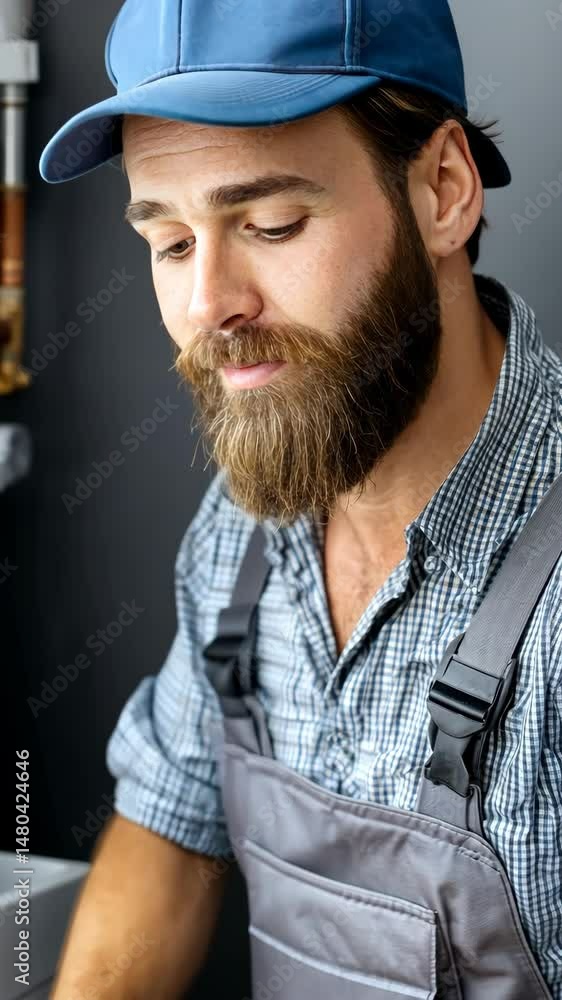 Poster skilled plumber works on pipe fittings in a modern workshop during the day with a focus on precision