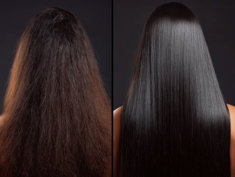 Hair treatment results shown clearly with straightened shine versus frizzed volume