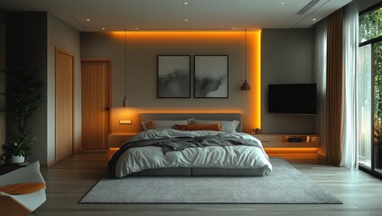 Modern bedroom interior design with warm lighting accents.