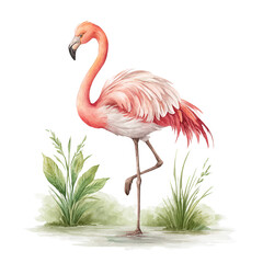 Fototapeta premium Beautiful flamingo stands gracefully among watercolor grasses and greenery