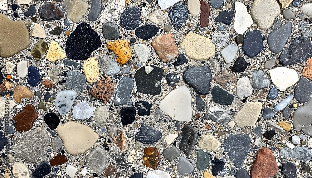 Aufkleber close-up view of a textured concrete surface with embedded stones.