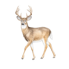 Fototapeta premium A beautiful buck deer with large antlers confidently strides on a white background.