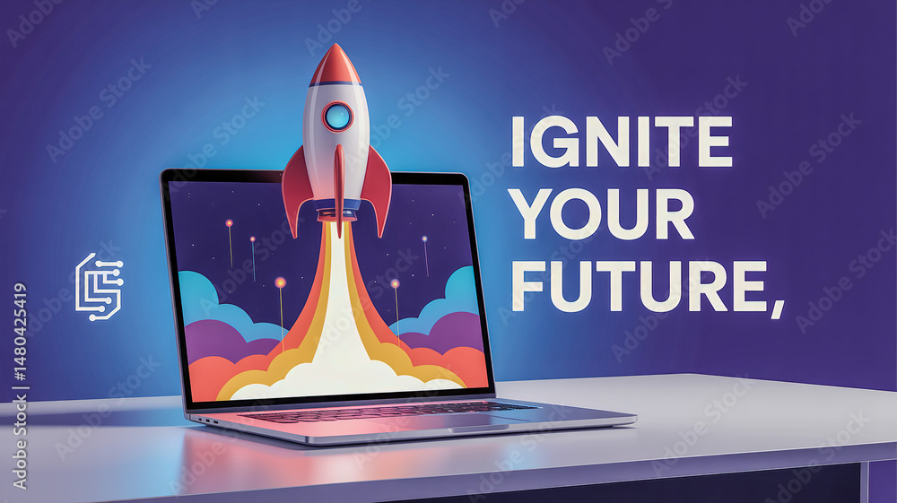 Poster Laptop computer and eruca sativa flying from the screen blue background with space for text startup concept generat 