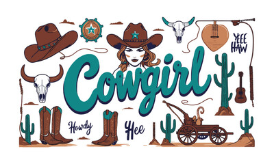 Create a modern vector-style illustration celebrating cowgirl and Wild West culture, easily scalable and editable.