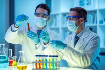 Two Caucasian scientists analyzing blood sample in test tube in laboratory