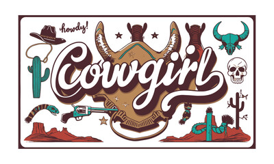Create a modern vector-style illustration celebrating cowgirl and Wild West culture, easily scalable and editable.