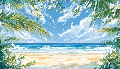 Tropical beach scene with lush foliage framing a beautiful azure ocean, framed by palm trees and white flowers against a vibrant blue sky with fluffy clouds. Sandy shore