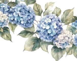 Obraz premium Delicate light blue and white hydrangea blossoms arranged in a horizontal pattern with soft green leaves. Intricate watercolor-style floral design