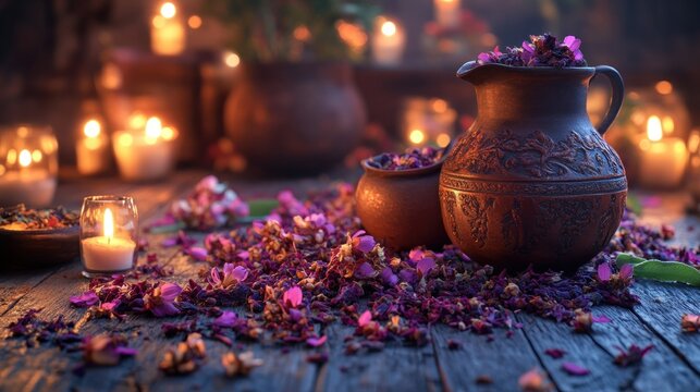 Dried flowers, rustic pottery, candlelight - Powered by Adobe