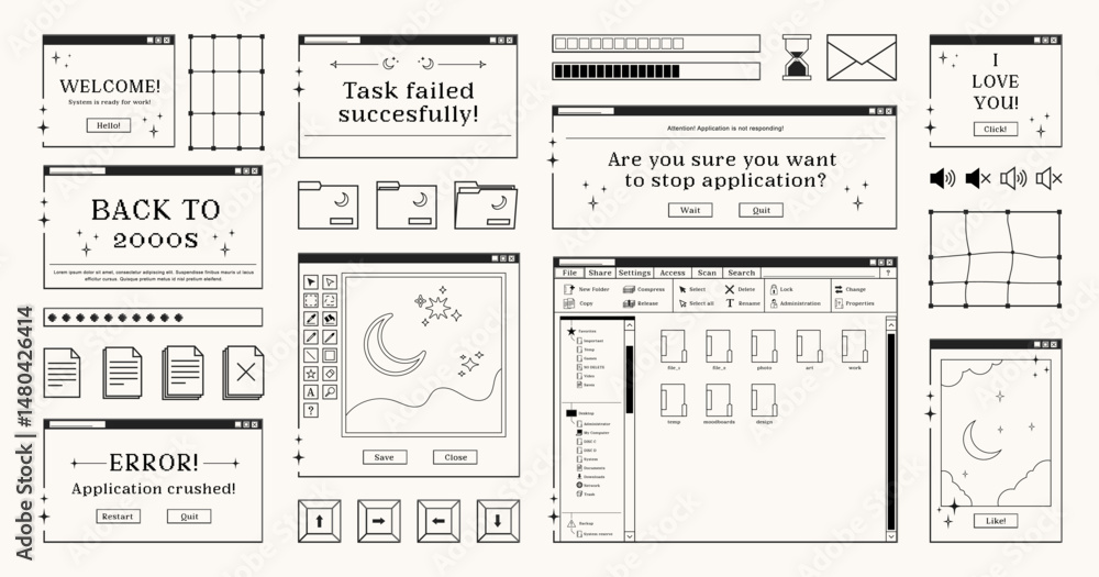 Poster set of retro computer windows and dialogue screens, buttons, documents and folders symbols, interfac
