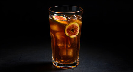 Refreshing Fig Infused Beverage With Ice Cubes On A Dark Background