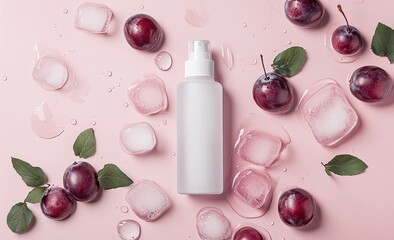 Plums, ice, and a spray bottle arranged on a pink surface, suggesting a refreshing skin care product