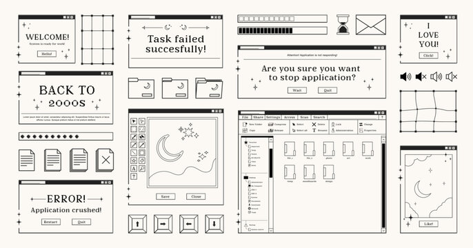 Set of retro computer windows and dialogue screens, buttons, documents and folders symbols, interfaces and loading bars in 2000s aesthetics. Vector illustration and graphic design elements.