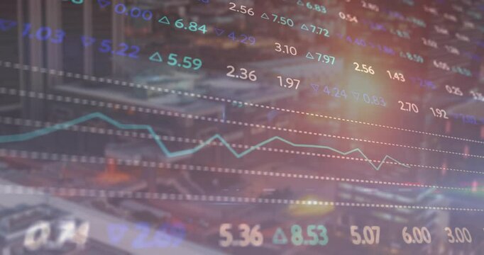 Floating flat design numbers and triangles hovering over urban skyline, showing financial data flow