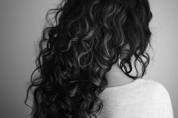 Fototapeta premium A woman, captured in elegant monochrome, with cascades of long, luscious curly hair, showcasing the artistry of natural beauty and hair styling.