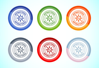 Antibacterial icon design illustration, Hygiene label symbol for product packaging, 6 color button design set