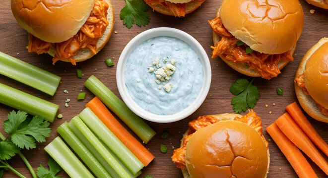 Delicious Buffalo Chicken Sliders Served with Refreshing Blue Cheese Dip