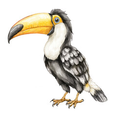 Obraz premium Watercolor painting of a toucan bird with a large yellow beak on white