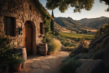 Obraz premium Vineyard Sunset Over Rolling Hills With Stone Winery and Wooden Barrels