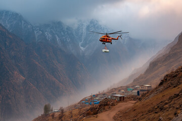 Helicopter Drops Emergency Supplies Over Isolated Mountain Village Below