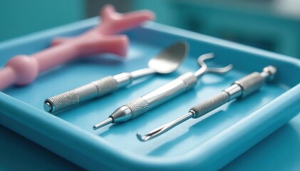 Sterile dental tools on tray Ready for procedure , needle, mirror, filling