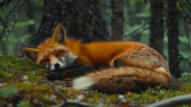 A tranquil scene  a fox resting beneath a tree in a lush forest surrounded by wildlife