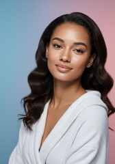 Fototapeta premium Serene beauty portrait of woman with wavy hair in luxurious white bathrobe against pastel background