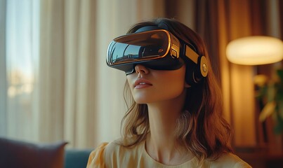 A woman fully engrossed in a virtual reality experience with the use of VR glasses. capturing a moment of technological immersion. 