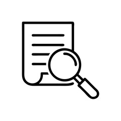 Minimalist black outline vector icon of a magnifying glass over a paper, symbolizing research, search, and analysis in a clean and focused design.