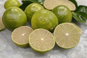 Fresh limes, some halved, on ice with leaves