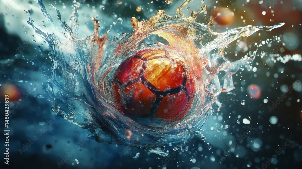 Aufkleber soccer ball splashing into water, creating dynamic spray and droplets.
