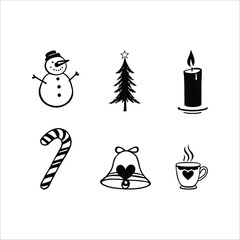 A collection of christmas themed doodles including a snowman tree and a hot beverage mug