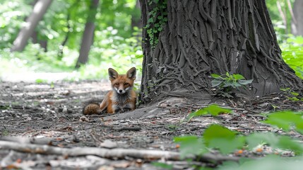 A serene fox resting beneath a tree in a lush forest, surrounded by vibrant wildlife and nature.