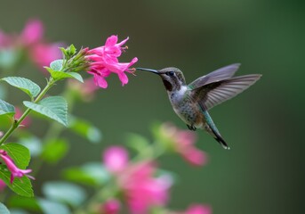 Fototapeta premium Hummingbird feeding on pink flowers on transparent background