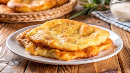 Close-up of golden brown flatbread on a white plate, a rustic wooden table, and a blurred background of additional flatbread, woven wicker basket, and a glass of milk