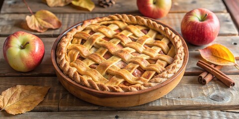 A golden brown apple pie with a flaky crust sits on a rustic wooden table surrounded by autumn leaves, apples, and cinnamon sticks.