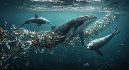 Obraz premium Ocean's Sorrow Whales Entangled in Plastic Pollution