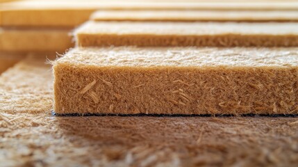 Close-up of sustainable wood fiber insulation panels stacked for eco-friendly building material concept showing texture and detail in natural light