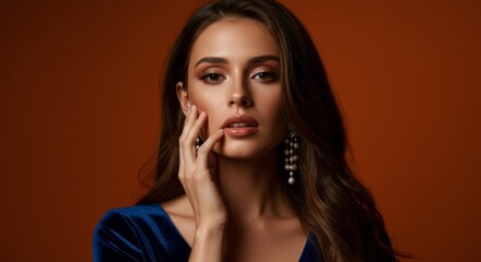 Elegant woman in blue velvet dress with pearl earrings on warm background