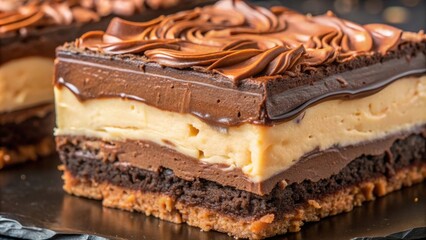 A close-up shot of a delicious chocolate dessert with layers of creamy filling and a rich, decadent frosting, served on a black slate plate.